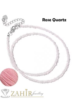 Романтично ръчно изработено колие от малки 3 мм естествени камъни фасетиран розов кварц, стоманени накрайници - KA1061